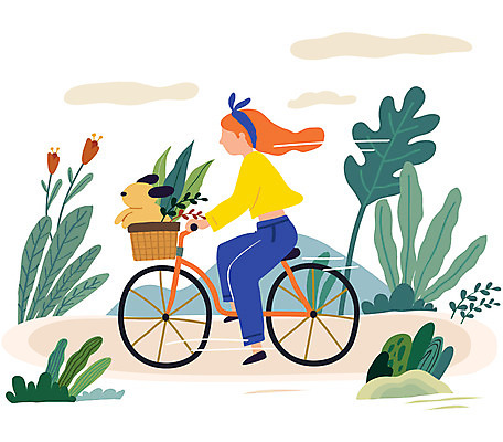 전신 나무 구름 여자 일러스트 한명 성인 취미 운동 자전거 강아지 반려 여자한명만 업글인간 국내일러스트 AI파일 자연요소 식물 1 건강 사람 반려동물 바이크 개 신조어 자기개발 여자만 파일형식 벡터