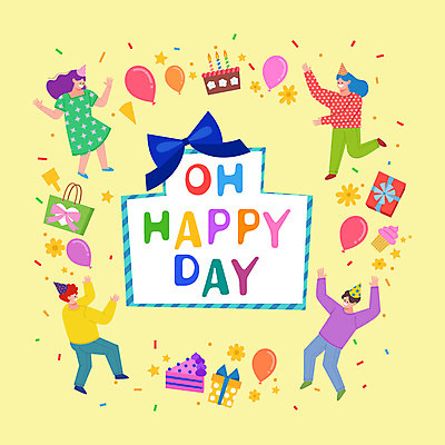 전신 여자 남자 꽃 리본 일러스트 선물 사람 여러명 쇼핑백 노란색 파티 케이크 생일 꽃가루 풍선 국내일러스트 AI파일 식물 기념일 컬러 다수 가방 디저트 이벤트 가루 파일형식 벡터