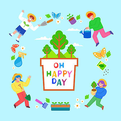 전신 나무 여자 남자 꽃 화분 나비 일러스트 나뭇잎 씨앗 사람 여러명 파란색 환경 삽 식목일 분무기 꽃심기 국내일러스트 AI파일 식물 기념일 컬러 다수 곤충 잎 심기 파일형식 벡터