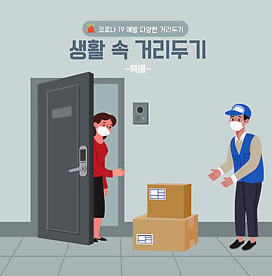 전신 여자 남자 일러스트 주택 성인 두명 파란색 택배기사 사회이슈 택배 택배상자 성인만 코로나바이러스 사회적거리두기 델타변이바이러스 국내일러스트 AI파일 캠페인 컬러 컨셉 사람 건물 상자 운송업 바이러스 배달원 파일형식 벡터