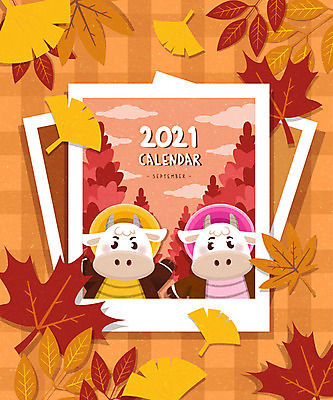단풍 낙엽 두마리 일러스트 나뭇잎 프레임 사람없음 갈색 귀여움 달력 가을 소띠 소 9월 은행잎 폴라로이드사진 프레임일러스트 2021년 신축년 흰소 국내일러스트 AI파일 계절 컬러 컨셉 잎 2 포유류 십이지신 날짜 연도 폴라로이드 파일형식 벡터