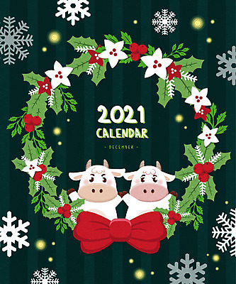 리본 크리스마스 두마리 겨울 일러스트 프레임 사람없음 초록색 귀여움 달력 소띠 눈송이 소 12월 프레임일러스트 크리스마스리스 2021년 신축년 흰소 국내일러스트 AI파일 계절 기념일 컬러 컨셉 2 포유류 눈_날씨 화환 십이지신 날짜 연도 파일형식 벡터