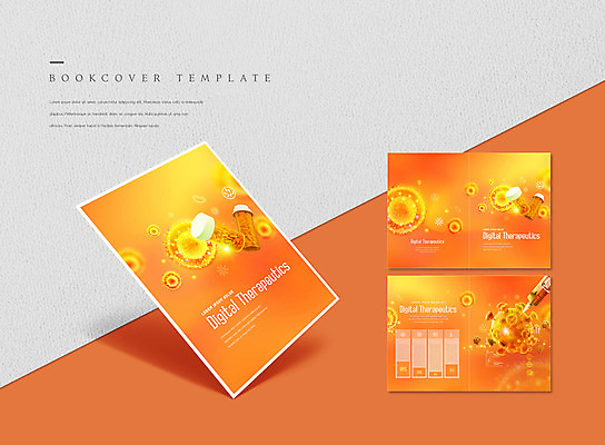PSD 템플릿 표지디자인 북디자인 출판디자인 표지 ZIP 내지 리플렛 북커버 의학 생물 세포 주사기 팜플렛 사람없음 알약 주황색 약병 디지털치료제 이미지템플릿 컬러 의료기기 약 병_담는 파일형식