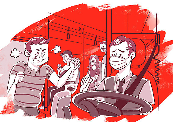 PSD 여자 남자 일러스트 버스 마스크 여러명 상반신 성인 빨간색 분노 짜증 거절 승객 불쾌함 운전석 버스기사 사회적거리두기 노마스크 국내일러스트 감정 육상교통 캠페인 컬러 다수 컨셉 대중교통 사람 운전사 사회이슈 파일형식