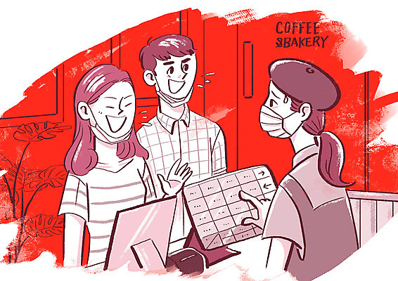 PSD 커플 여자 남자 일러스트 마스크 빨간색 세명 카페 짜증 계산대 주문 침 불쾌함 아르바이트 사회적거리두기 턱스크 국내일러스트 감정 캠페인 컬러 관계 사람 상점 합성어 파일형식