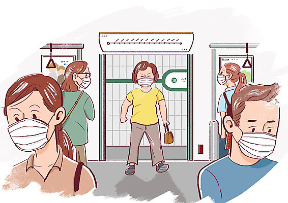 전신 PSD 여자 남자 중년 일러스트 마스크 여러명 상반신 성인 전철 승차 입장 승객 사회적거리두기 국내일러스트 육상교통 캠페인 다수 모션 대중교통 사람 파일형식