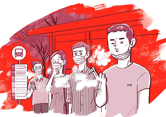 PSD 여자 남자 일러스트 흡연 담배 마스크 여러명 상반신 빨간색 짜증 연기 역 담배연기 불쾌함 기침 버스노선도 사회적거리두기 턱스크 국내일러스트 감정 캠페인 컬러 다수 교통시설 사람 노선도 합성어 파일형식