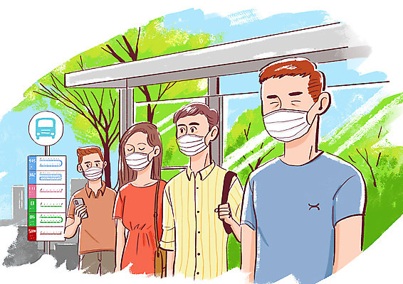 PSD 나무 여자 남자 일러스트 버스 마스크 여러명 역 버스노선도 사회적거리두기 국내일러스트 식물 육상교통 캠페인 다수 교통시설 대중교통 사람 노선도 파일형식