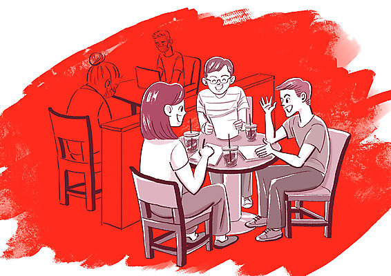 전신 PSD 학생 여자 남자 커피 일러스트 마스크 여러명 상반신 빨간색 스터디 카페 짜증 수다 불쾌함 사회적거리두기 노마스크 국내일러스트 감정 음료 캠페인 컬러 다수 대화 사람 학습 상점 사회이슈 파일형식