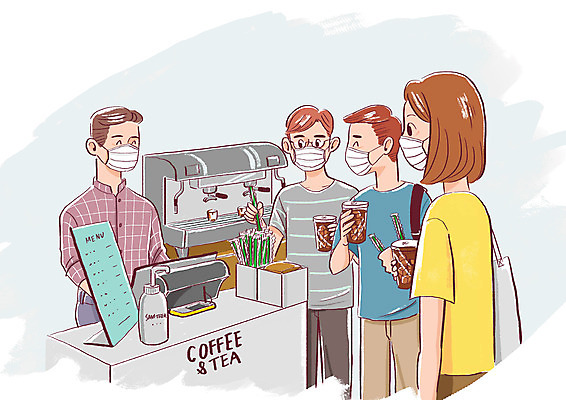 PSD 여자 남자 커피 일러스트 빨대 마스크 여러명 상반신 카페 커피메이커 계산대 테이크아웃 주문 사회적거리두기 국내일러스트 음료 캠페인 다수 사람 상점 커피용품 파일형식