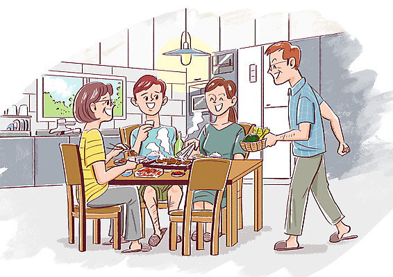 전신 PSD 여자 남자 일러스트 가족 식탁 육류 여러명 주방 식사 냉장고 불판 사회적거리두기 국내일러스트 캠페인 다수 식재료 관계 탁자 사람 가전제품 파일형식