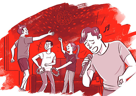 전신 PSD 학생 여자 남자 대학생 일러스트 노래 여러명 상반신 빨간색 짜증 춤 마이크 탬버린 미러볼 불쾌함 노래방 사회적거리두기 국내일러스트 감정 음악 캠페인 컬러 음향기기 다수 문화예술 타악기 사람 장식 파일형식