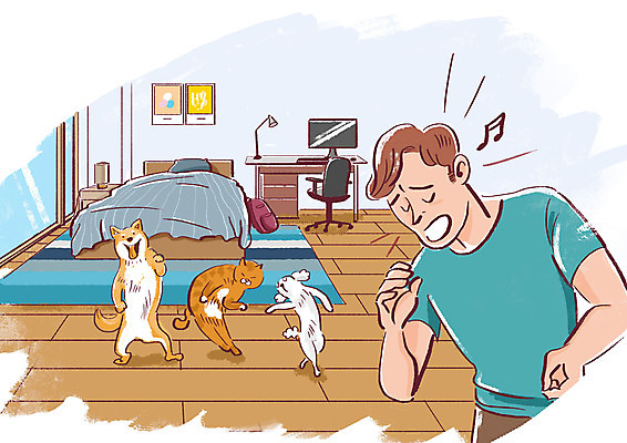 PSD 남자 일러스트 노래 주택 세마리 한명 상반신 반려동물 고양이 방 침대 춤 개 강아지 책상 즐거움 반려 사회적거리두기 국내일러스트 동물 1 감정 음악 캠페인 가구 포유류 문화예술 3 사람 건물 파일형식