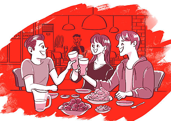 PSD 학생 여자 남자 일러스트 탁자 맥주 생맥주 여러명 상반신 빨간색 치킨 짜증 불쾌함 치킨집 사회적거리두기 국내일러스트 감정 캠페인 컬러 가구 다수 주류 사람 상점 닭고기요리 파일형식