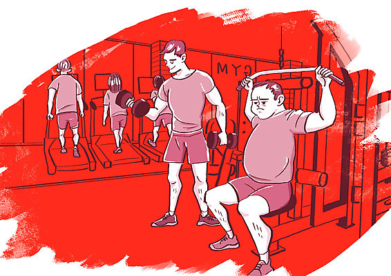 PSD 여자 남자 일러스트 여러명 상반신 빨간색 운동 운동기구 아령 헬스장 짜증 런닝머신 불쾌함 사회적거리두기 국내일러스트 감정 캠페인 컬러 다수 건강 사람 헬스 파일형식