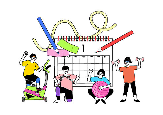 전신 여자 남자 일러스트 줄자 사람 여러명 운동복 연필 운동기구 달력 짐볼 결심 포스트잇 국내일러스트 AI파일 옷 다수 컨셉 학용품 자 필기구 헬스 메모지 파일형식 벡터