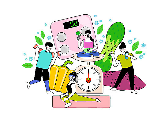 전신 여자 남자 꽃 다이어트 일러스트 요가 나뭇잎 오이 파프리카 저울 사람 여러명 아령 브로콜리 결심 고구마 체중계 국내일러스트 AI파일 식물 웰빙 다수 컨셉 잎 채소 뿌리채소 건강 파일형식 벡터