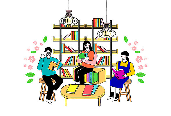 전신 여자 남자 꽃 일러스트 탁자 나뭇잎 조명 책장 사람 책 세명 독서 결심 국내일러스트 AI파일 식물 가구 컨셉 잎 파일형식 벡터