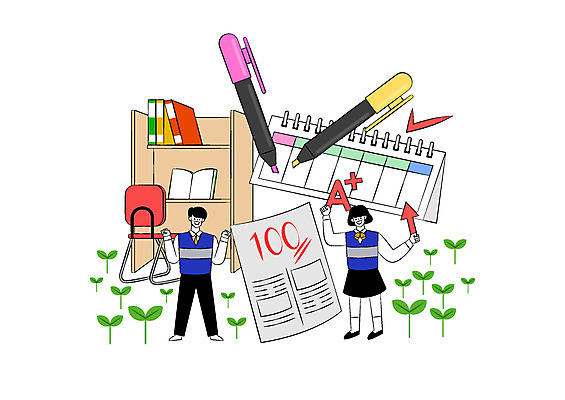 학생 여자 남자 화살표 의자 일러스트 책 새싹 파이팅 결심 책상 성적 시험지 형광펜 스케줄러 국내일러스트 AI파일 식물 교육 가구 컨셉 모션 사람 펜 파일형식 벡터