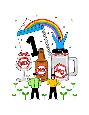 전신 여자 남자 무지개 술잔 일러스트 술병 맥주 주류 사람 세명 새싹 파이팅 금지 달력 결심 꽃가루 금주 국내일러스트 AI파일 자연요소 식물 음료 컨셉 모션 병_용기 잔 가루 파일형식 벡터