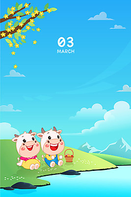 나무 구름 두마리 일러스트 새해 산 프레임 사람없음 파란색 강 소풍 귀여움 달력 소띠 소 3월 소캐릭터 프레임일러스트 2021년 신축년 흰소 국내일러스트 AI파일 자연요소 식물 컬러 동물캐릭터 컨셉 2 포유류 야외활동 십이지신 날짜 연도 파일형식 벡터