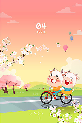 두마리 일러스트 새해 프레임 사람없음 소풍 귀여움 자전거 주황색 달력 벚꽃 소띠 소 4월 소캐릭터 프레임일러스트 2021년 신축년 흰소 국내일러스트 AI파일 꽃 컬러 동물캐릭터 컨셉 2 포유류 야외활동 바이크 십이지신 날짜 연도 파일형식 벡터