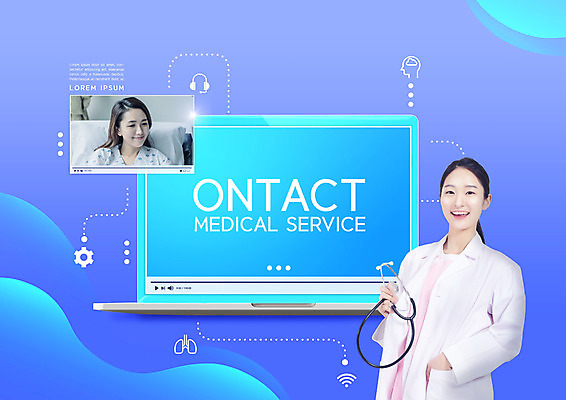 PSD 편집이미지 여자 의학 청소년 상반신 성인 두명 10대 30대 파란색 노트북 보라색 진료 한국인 환자 의사 여자만 비대면서비스 언택트 온택트 이미지편집 컬러 사람 동양인 장년 전자제품 의료진 서비스 파일형식