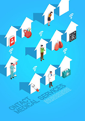 PSD 편집이미지 여자 남자 주택 주사기 여러명 파란색 진료 의사 심장 질병 원격의료 비대면서비스 언택트 온택트 랜선라이프 이미지편집 라이프스타일 컬러 다수 의학 의료기기 사람 건물 의료진 장기_의학 서비스 원격 파일형식