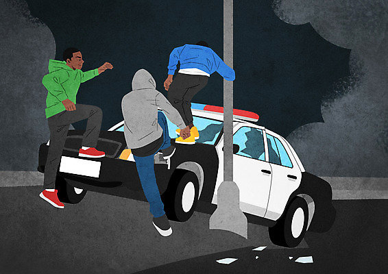 전신 PSD 남자 흑인 일러스트 세명 폭력 사회이슈 경찰차 인종차별 폭력시위 국내일러스트 서양인 컨셉 자동차 사람 시위 차별 파일형식