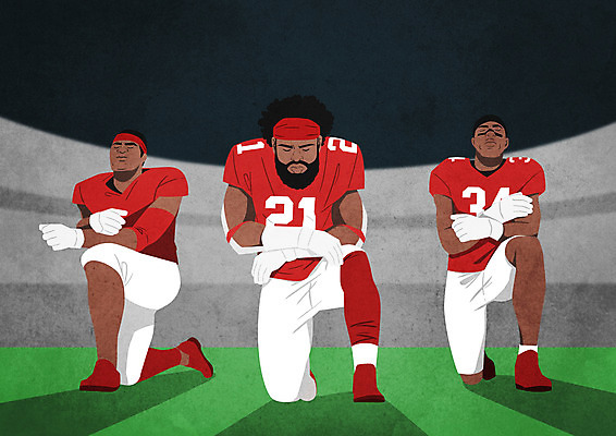 전신 PSD 남자 흑인 일러스트 세명 미식축구 무릎꿇기 사회이슈 미식축구선수 인종차별 국내일러스트 서양인 컨셉 모션 운동선수 사람 구기 차별 파일형식