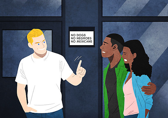 PSD 백인 여자 남자 흑인 일러스트 상반신 세명 식당 사회이슈 인종차별 출입금지 혐오 국내일러스트 서양인 감정 컨셉 사람 상점 금지 차별 파일형식