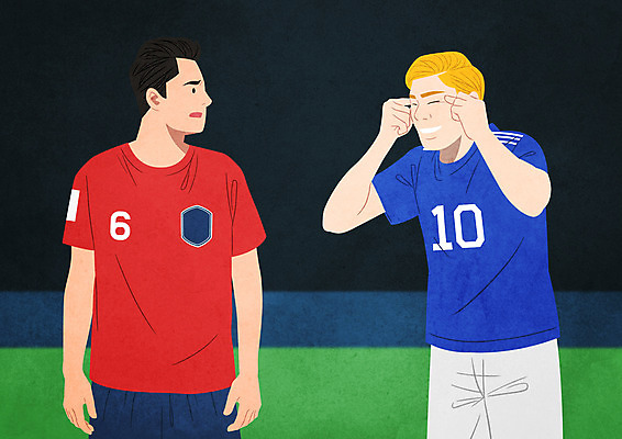 PSD 백인 남자 일러스트 축구선수 상반신 두명 사회이슈 놀림 인종차별 혐오 국내일러스트 서양인 감정 컨셉 모션 운동선수 사람 축구 차별 파일형식