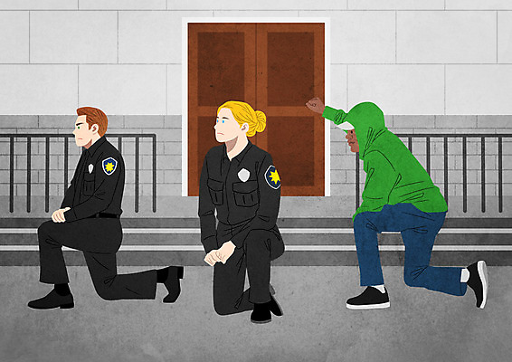 전신 PSD 백인 여자 남자 흑인 일러스트 세명 경찰 무릎꿇기 사회이슈 시위 인종차별 국내일러스트 서양인 직업 컨셉 모션 사람 차별 파일형식