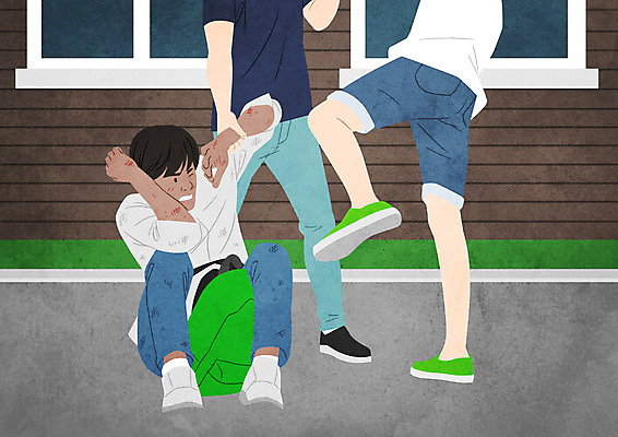 전신 PSD 남자 일러스트 세명 동남아시아 폭력 사회이슈 때리기 왕따 인종차별 폭행 학교폭력 혐오 국내일러스트 감정 아시아 컨셉 모션 사람 범죄 차별 파일형식