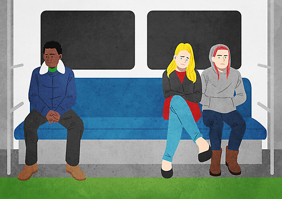 전신 PSD 백인 여자 남자 흑인 일러스트 세명 전철 사회이슈 인종차별 제외 혐오 국내일러스트 서양인 감정 육상교통 컨셉 대중교통 사람 차별 파일형식