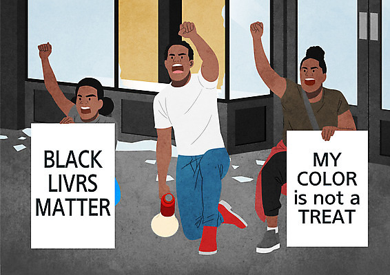 전신 PSD 여자 남자 흑인 일러스트 세명 확성기 팻말 사회이슈 반대 시위 인종차별 국내일러스트 서양인 컨셉 프레임 사람 차별 파일형식