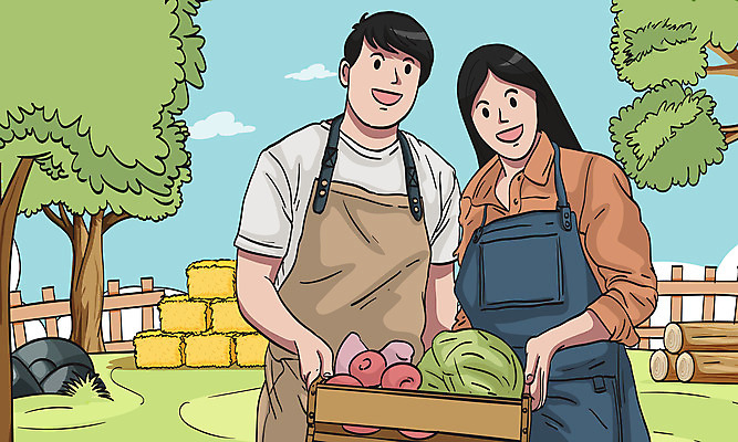 나무 부부 여자 남자 농업 과일 일러스트 작업복 성인 두명 초록색 울타리 농장 수확 양배추 통나무 농업인의날 성인만 국내일러스트 AI파일 식물 커플 옷 기념일 산업 컬러 채소 사람 담장 파일형식 벡터