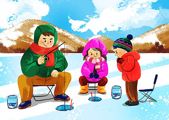 전신 PSD 여자 남자 딸 아들 어린이 겨울 일러스트 가족 낚시 산 성인 세명 아빠 빙판 얼음낚시 겨울방학 빙어낚시 국내일러스트 계절 관계 레저 방학 사람 파일형식