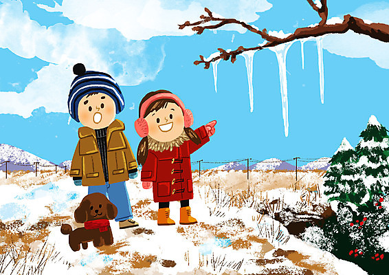 전신 PSD 나무 여자 남자 어린이 일러스트 산 두명 나뭇가지 시골 눈 개 강아지 고드름 겨울방학 어린이만 국내일러스트 자연요소 식물 겨울 포유류 날씨 방학 사람 반려동물 얼음 파일형식