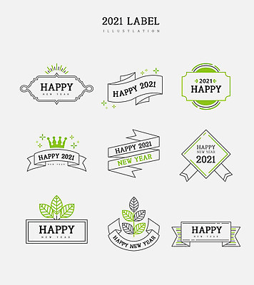 리본 잎 일러스트 왕관 새해 프레임 사람없음 연두색 세트 라벨 고급 다각형 신상품 2021년 신축년 국내일러스트 AI파일 도형 식물 컨셉 초록색 상품 연도 파일형식 벡터