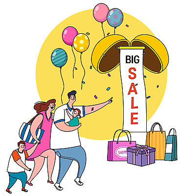 전신 여자 남자 어린이 일러스트 가족 엄마 여러명 성인 선물상자 쇼핑 쇼핑백 노란색 세일 아빠 풍선 빅세일 국내일러스트 AI파일 컬러 다수 가방 관계 선물 사람 상자 파일형식 벡터