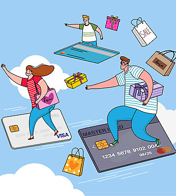 전신 여자 남자 어린이 하늘색 일러스트 가족 엄마 성인 세명 선물상자 쇼핑 쇼핑백 세일 신용카드 아빠 국내일러스트 AI파일 가방 관계 선물 사람 금융 파란색 상자 파일형식 벡터