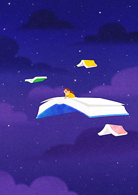 전신 PSD 구름 여자 별 어린이 일러스트 상상 밤하늘 하늘 동화 상상일러스트 한명 사람 앉기 소녀 책 보라색 비행 야간 소녀한명만 동심 국내일러스트 자연요소 1 컬러 모션 여자한명만 소녀만 파일형식