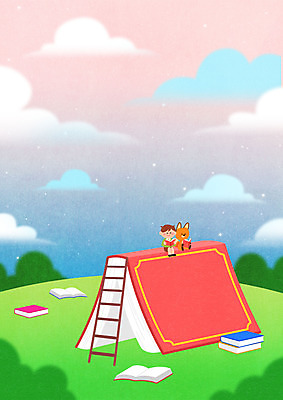 전신 PSD 구름 남자 별 어린이 일러스트 사다리 상상 하늘 동화 상상일러스트 한명 들기 사람 앉기 소년 책 초록색 독서 여우 소년한명만 동심 국내일러스트 자연요소 1 컬러 포유류 모션 도구 남자한명만 소년만 파일형식