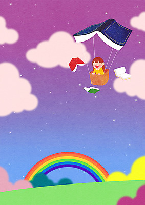 PSD 구름 여자 어린이 무지개 일러스트 상상 하늘 동화 상상일러스트 한명 사람 소녀 상반신 책 보라색 기구 열기구 비행 소녀한명만 동심 국내일러스트 자연요소 1 컬러 항공교통 여자한명만 소녀만 파일형식