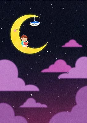 전신 PSD 구름 여자 별 어린이 일러스트 상상 밤하늘 동화 상상일러스트 한명 들기 사람 앉기 소녀 책 독서 검은색 달 야간 읽기 동심 국내일러스트 자연요소 1 컬러 모션 하늘 파일형식