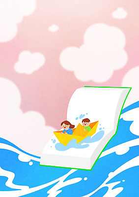 PSD 구름 여자 남자 어린이 파도 바다 분홍색 일러스트 상상 하늘 동화 항해 상상일러스트 사람 소녀 소년 상반신 두명 책 파란색 종이배 어린이만 동심 국내일러스트 자연요소 컬러 배_교통 종이접기 파일형식