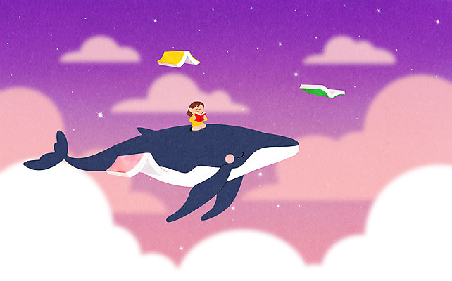 전신 PSD 구름 여자 별 어린이 일러스트 상상 하늘 동화 상상일러스트 한명 사람 소녀 책 독서 보라색 비행 읽기 고래 소녀한명만 동심 국내일러스트 자연요소 1 컬러 포유류 모션 수중동물 여자한명만 소녀만 파일형식