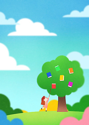 전신 PSD 나무 구름 여자 어린이 하늘색 일러스트 상상 하늘 동화 상상일러스트 한명 들기 사람 소녀 책 따기 소녀한명만 동심 국내일러스트 자연요소 식물 1 모션 파란색 여자한명만 소녀만 파일형식