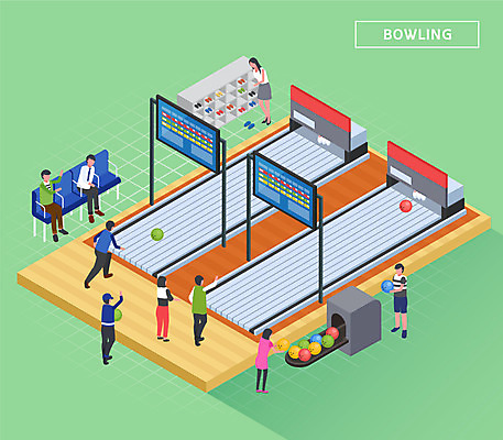 전신 여자 남자 의자 일러스트 건강 여러명 초록색 운동 볼링핀 볼링 즐거움 볼링공 아이소메트릭 신발장 점수판 국내일러스트 AI파일 감정 컬러 가구 다수 공 사람 구기 볼링용품 파일형식 벡터